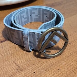 Fendi Light Gray FF Logo Belt with Round Brass-Tone Buckle